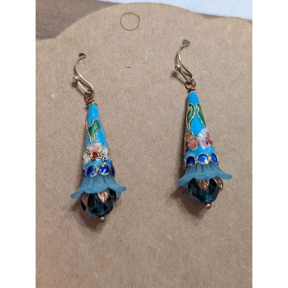 Retro Blue Cloisonné Enamel Floral Bell Flower Earrings - Picture 1 of 4